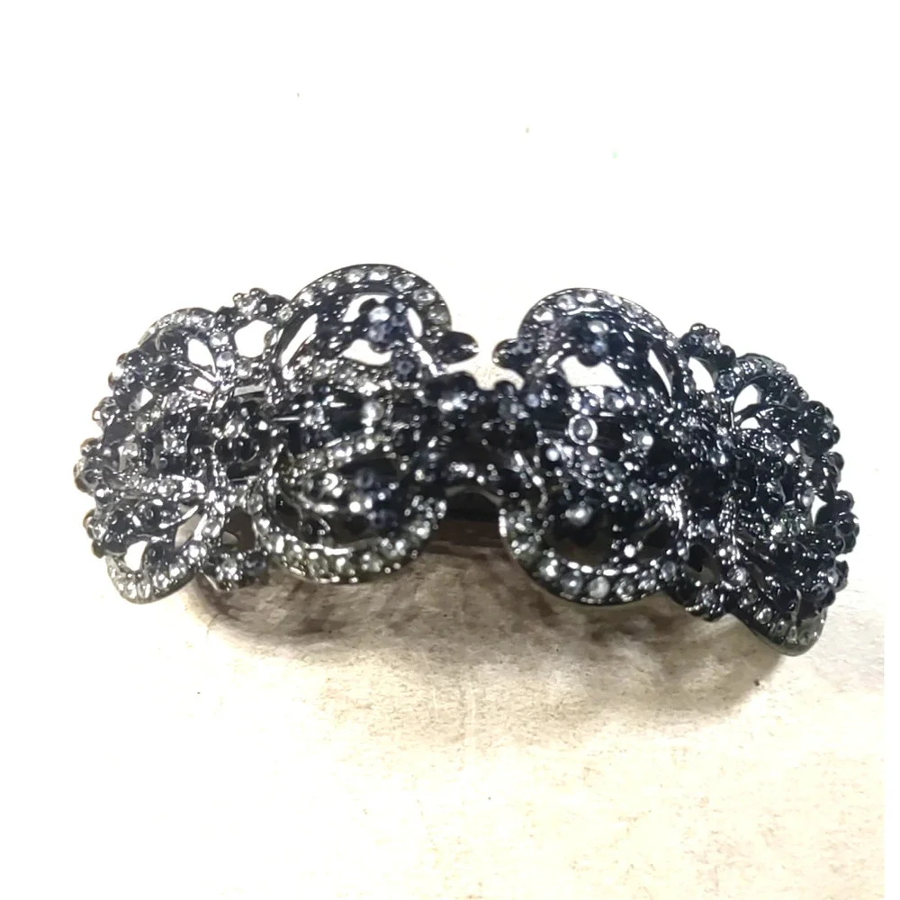 Hair Barrette Tension Clip Black Metal Black Rhinestone Goth Dance